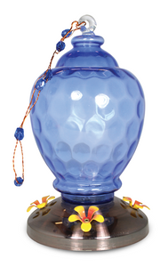 Art Glass Hummingbird feeder Blue Dimple Design